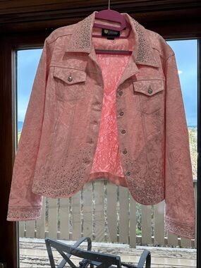 Christine Alexander Pink Embellished Floral Jacquard Jean Jacket